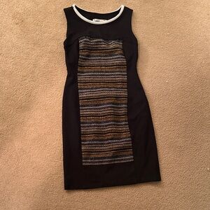 Yoana Baraschi Black Midi Dress with Metallic Stripe Front and White Trim